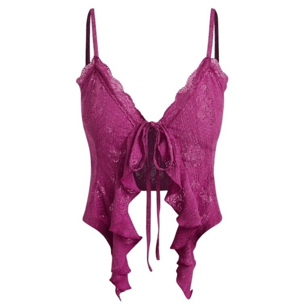 Cider Cami Top Women Medium Purple Lace Trim Ruffle Tie Front Adjustable